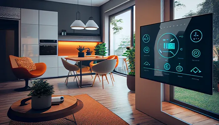 Modern smart home interior with a digital touchscreen control panel displaying home automation icons, alongside a stylish kitchen and living area.